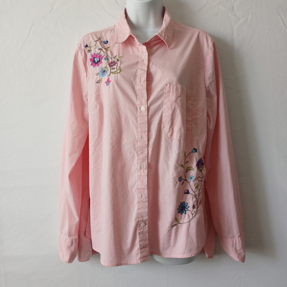 Falls Creek Pink and White‎ Striped Shirt Embroirdery Floral Sz XL Casual Cabin